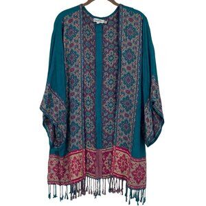 Time For Me Viscose Bohemian Floral Open Front Kimono Cardigan Fringe Hem M/L